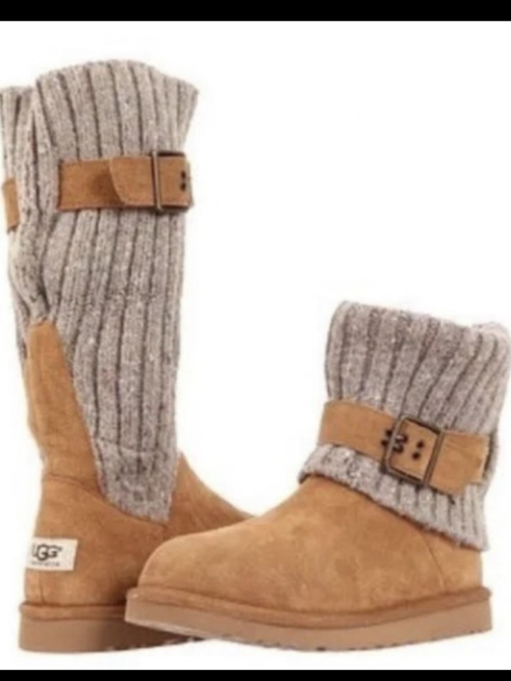 UGG chestnut suede upper and a ribbed knit cuff with a buckled strap NWOT